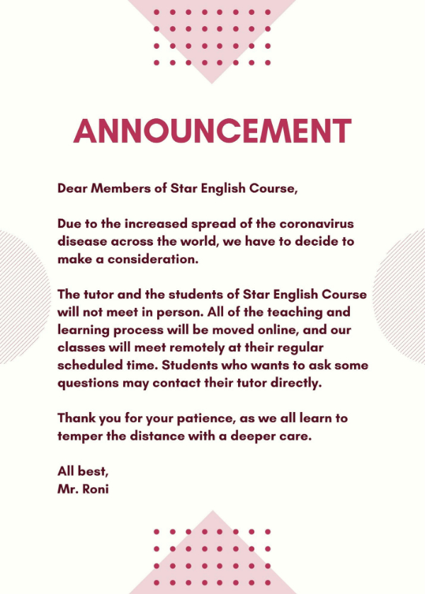 contoh announcement singkat dalam bahasa inggris